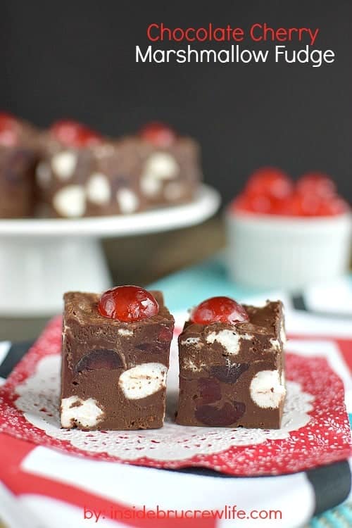 This easy chocolate fudge has cherries and marshmallows in every bite. It's creamy and delicious!!!
