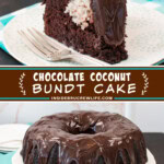 Two pictures of chocolate coconut bundt cake collaged with a brown text box.