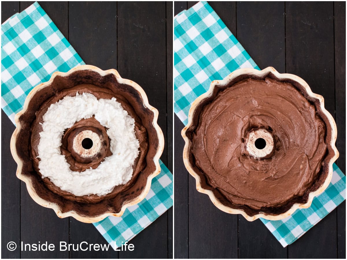 Two pictures of a filled bundt pan collaged together.