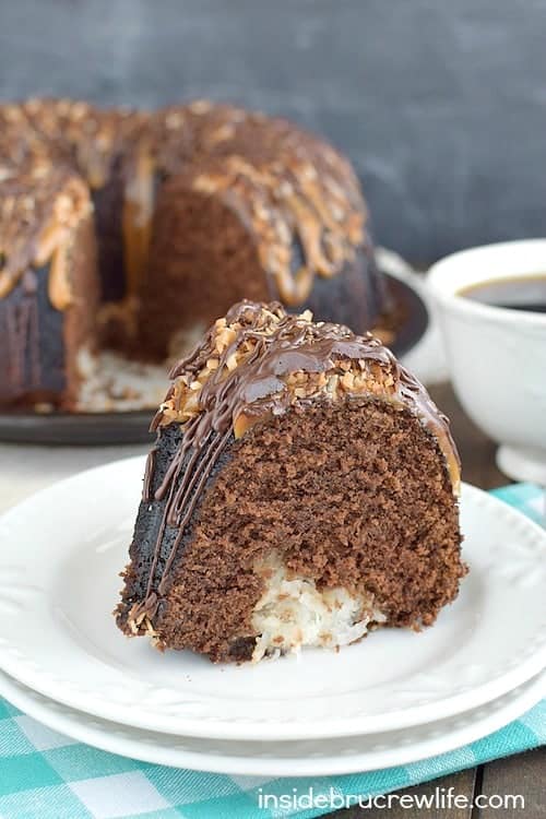 Chocolate Coconut Cake - a hidden coconut center and chocolate and caramel drizzles make this cake amazing! Great dessert recipe!