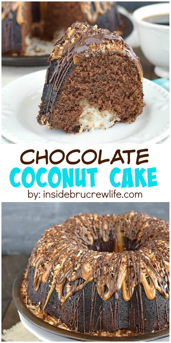 Chocolate Coconut Cake - chocolate, caramel, and coconut make this cake an amazing treat. Great dessert recipe!