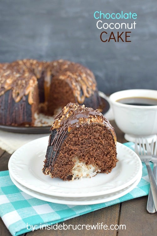Chocolate and caramel drizzles turn this Chocolate Coconut Cake into a dessert master piece. It is absolutely amazing!