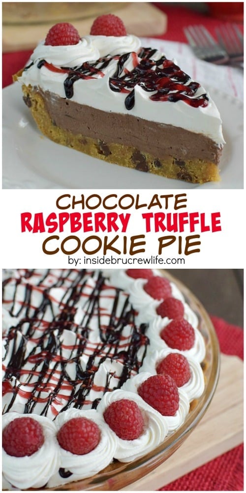 This easy chocolate raspberry cheesecake filling is inside a chocolate chip cookie crust! It is seriously amazing!