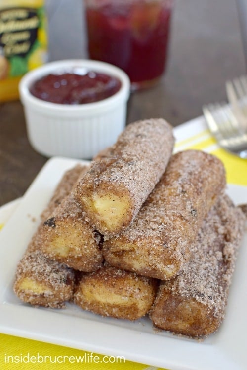 Lemon cheesecake inside a crispy french toast roll is a delicious breakfast choice!