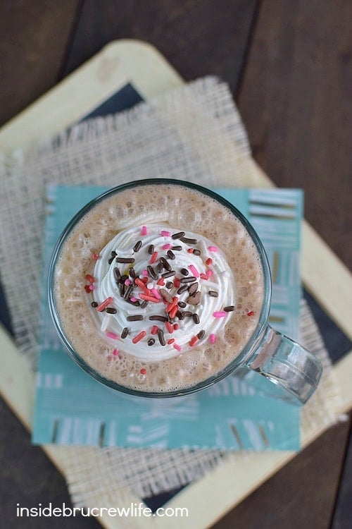 Chocolate and peanut butter and frothed milk makes this homemade latte the best way to do coffee!