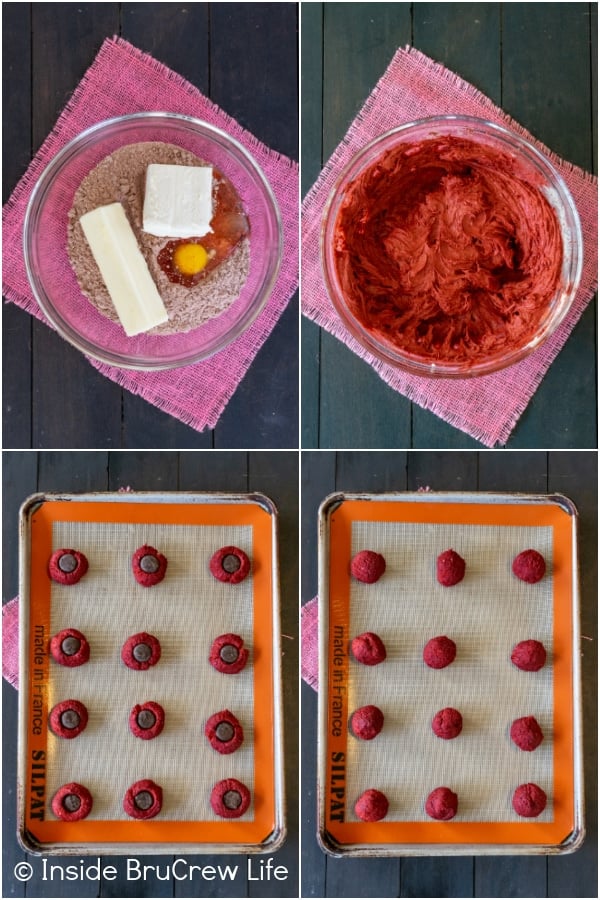 Four pictures showing how to make red velvet peppermint pattie cookies collaged together 