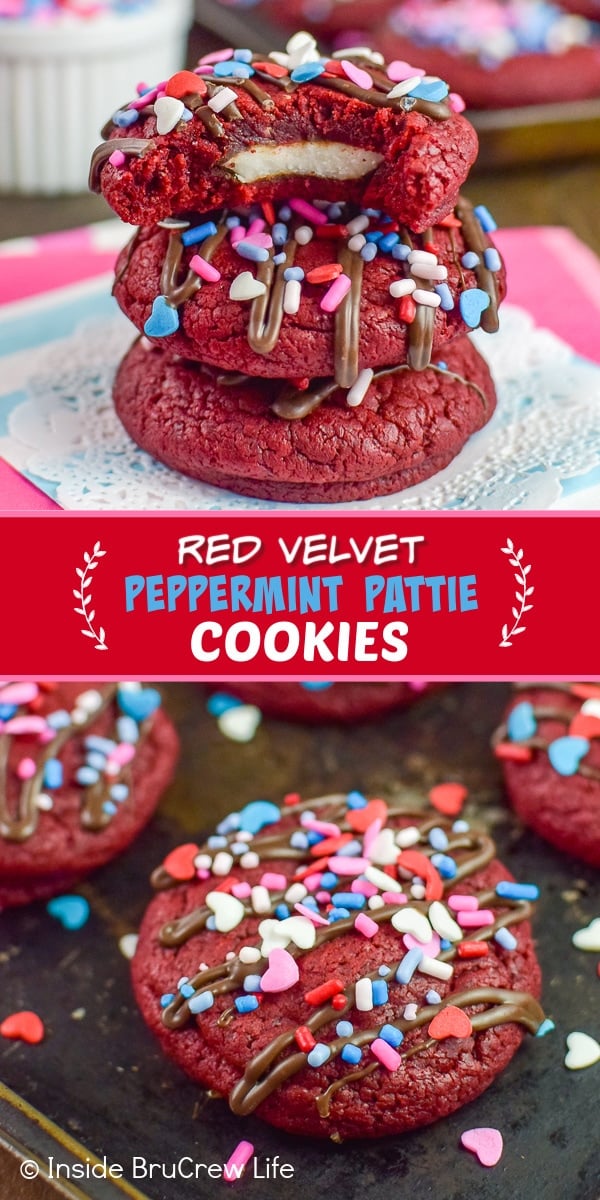 Two pictures of Red Velvet Peppermint Pattie Cookies collaged together with a red text box