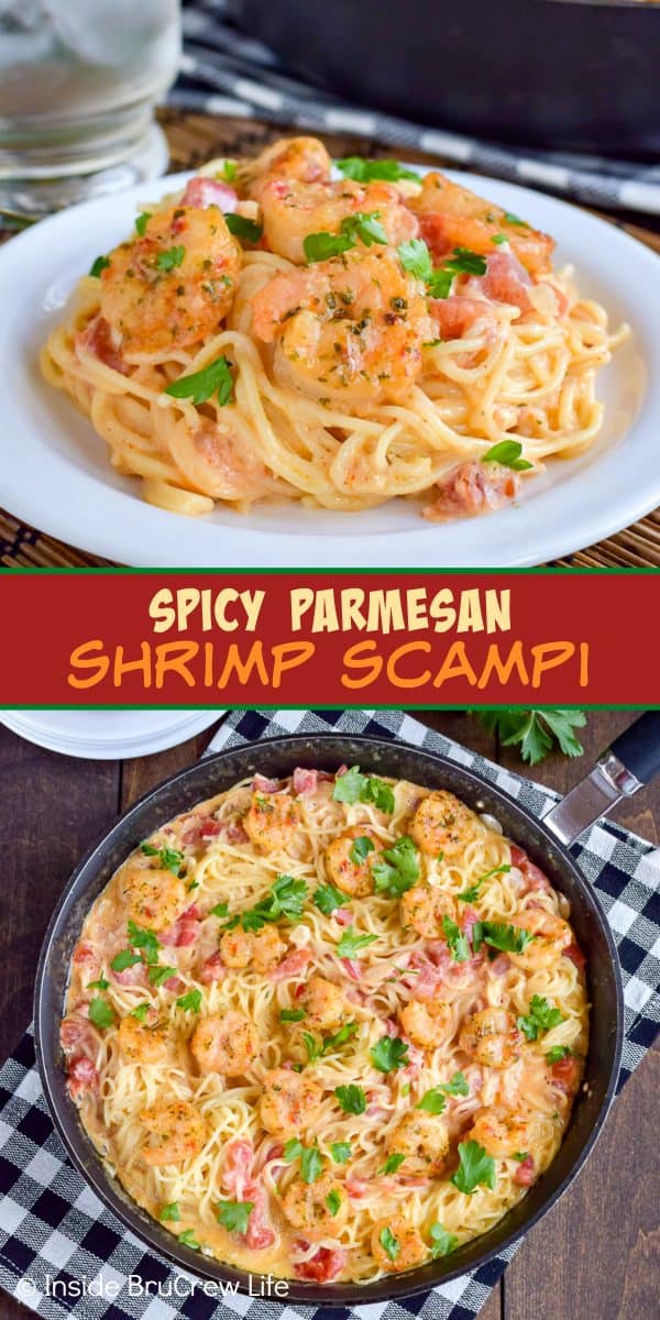 Spicy Parmesan Shrimp Scampi - pasta noodles and shrimp tossed in a creamy homemade cheese sauce makes a great skillet dinner. Easy recipe to make in under 30 minutes. #pasta #shrimp #shrimpscampi #easyrecipe #parmesan