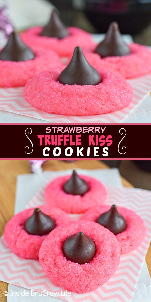 Two pictures of strawberry kiss cookies collaged together with a dark brown text box.