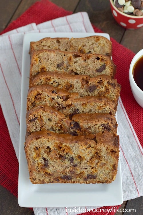 Three times the chocolate chips will make this banana bread a hit at breakfast or snack time! It will disappear in a hurry!