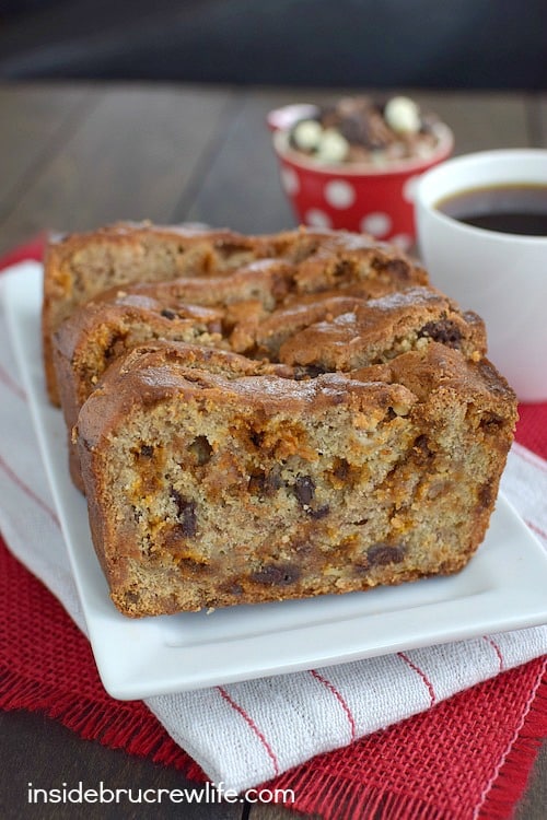 Three times the chocolate chips will make this banana bread a hit at breakfast or snack time! It will disappear in a hurry!