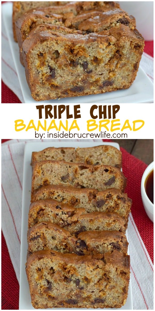 Three times the chocolate chips will make this banana bread a hit at breakfast or snack time! It will disappear in a hurry!