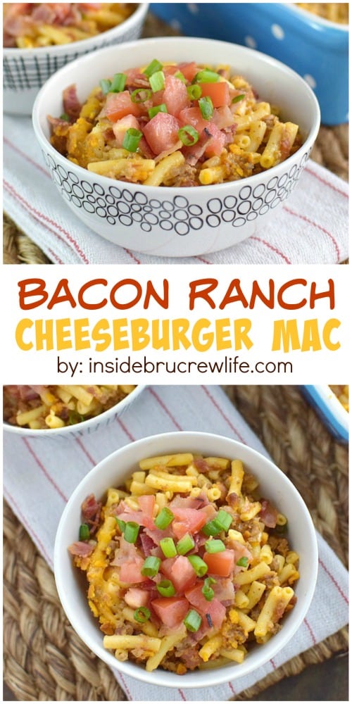 Two pictures of bacon cheeseburger casserole collaged with a white text box.