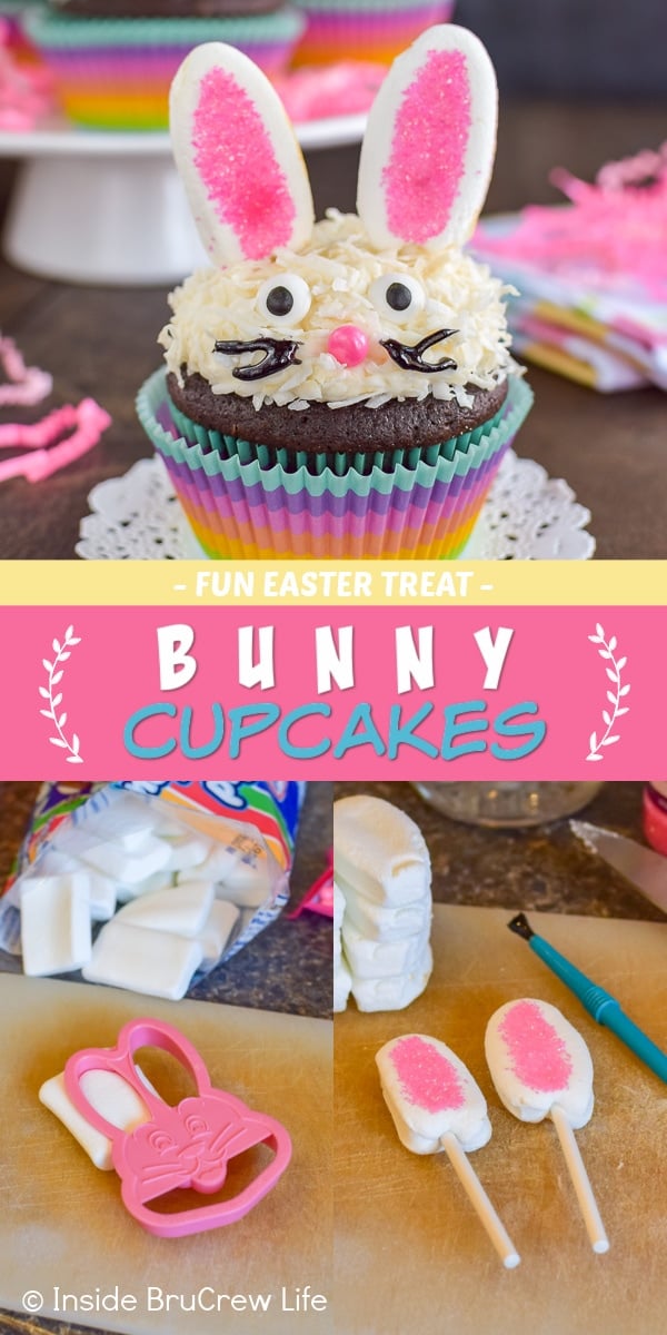 Three pictures collaged together with a pink and yellow text box showing a bunny cupcake and how to make marshmallow ears