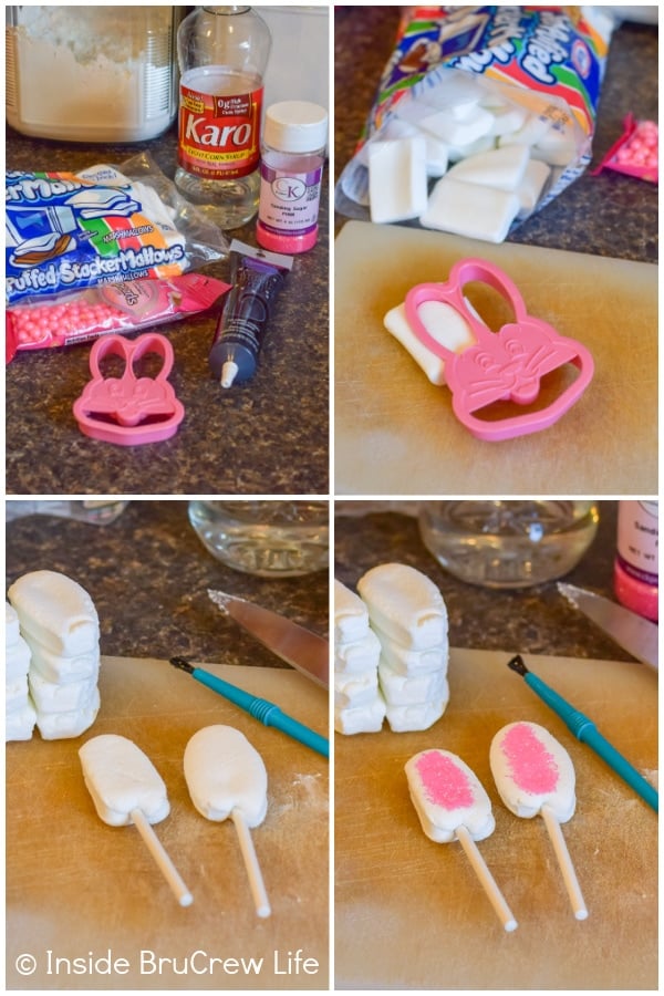 Four pictures collaged together showing the ingredients and steps to making marshmallow ears for bunny cupcakes