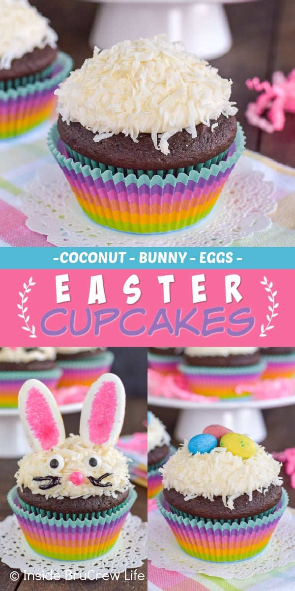 Three pictures collaged together showing how to decorate Easter cupcakes with coconut, candy, or marshmallow ears