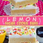 Two pictures of lemon bars with a pink text box.