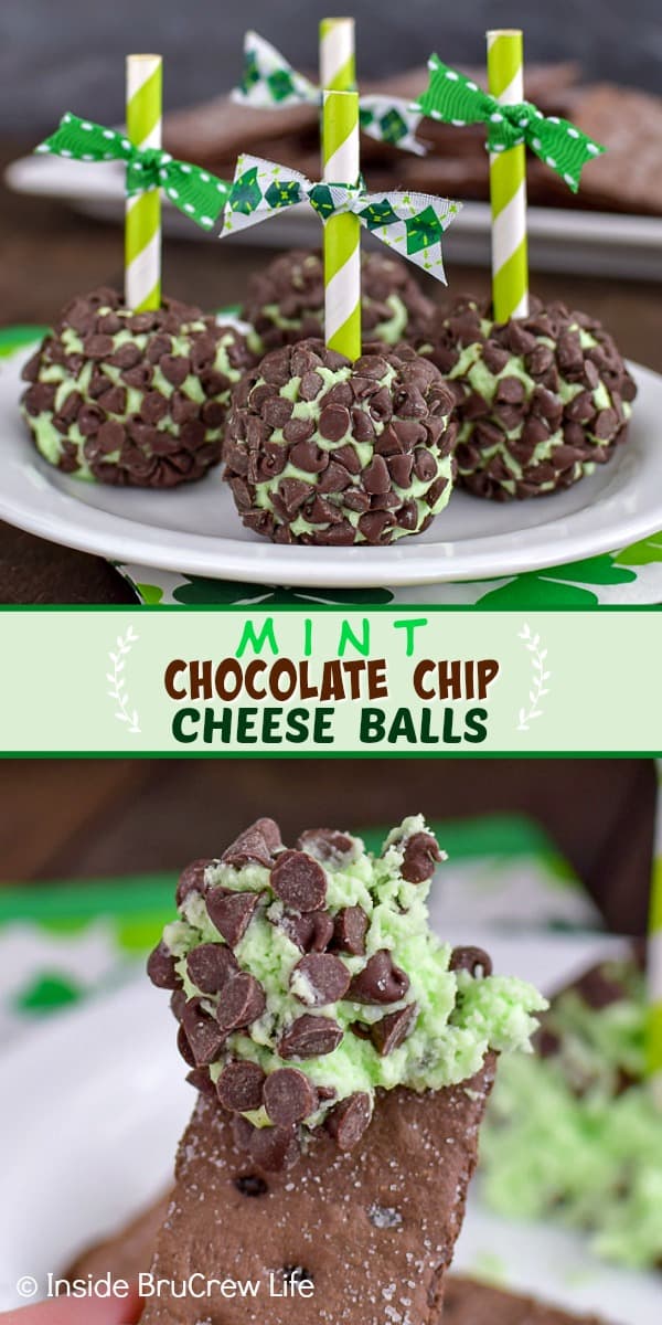 2 pictures of mint cheesecake balls covered in chocolate chips.