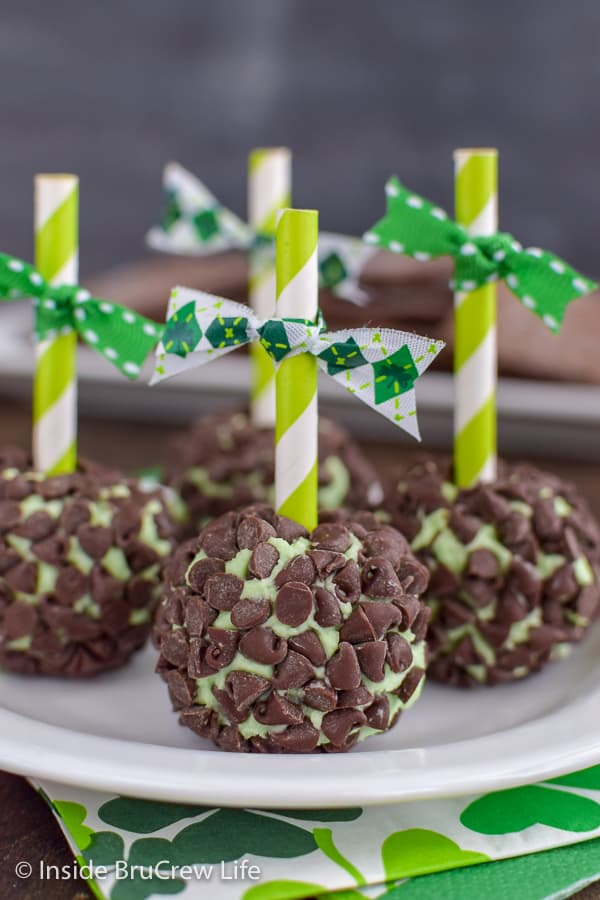 Small mint cream cheese balls covered in mini chocolate chips.