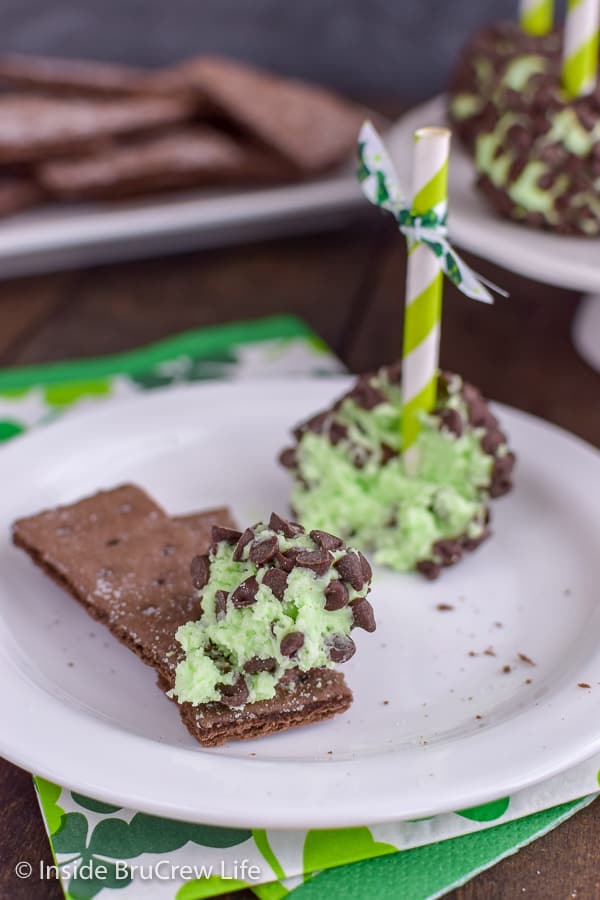 Small mint cream cheese balls covered in mini chocolate chips.