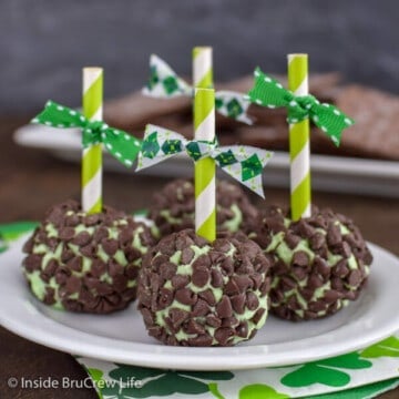 Small mint cream cheese balls covered in mini chocolate chips.