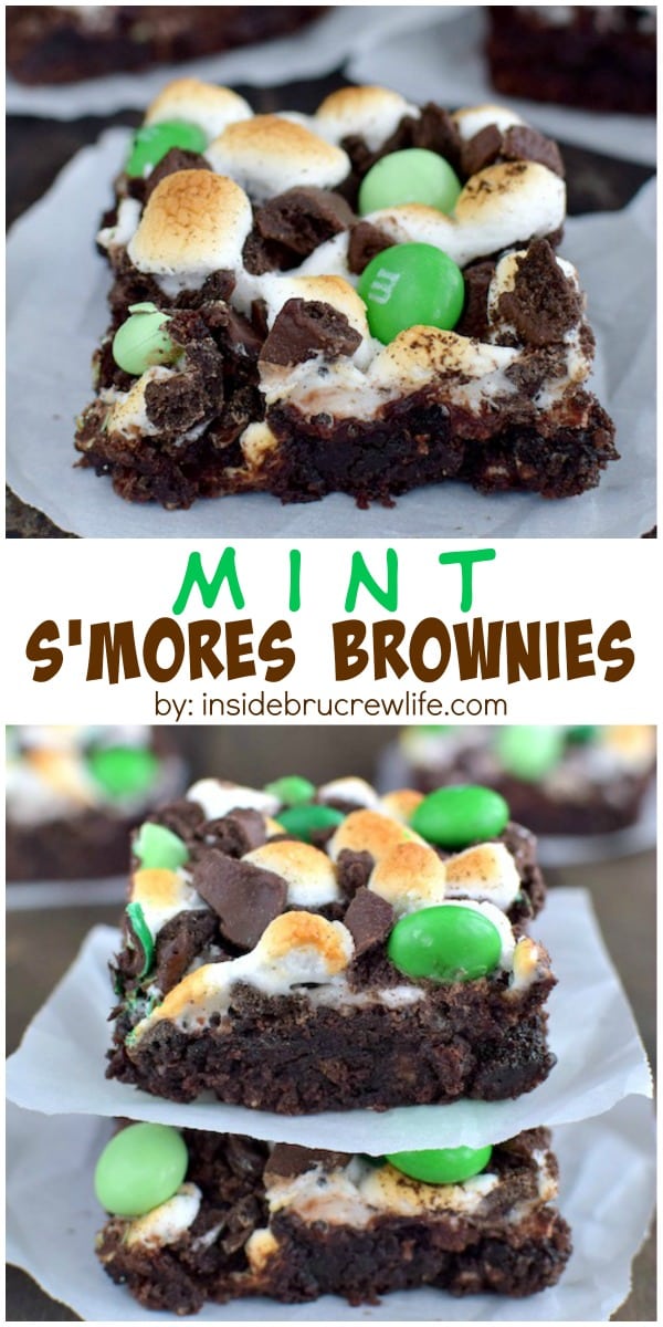 2 pictures of brownies topped with toasted marshmallows, chocolate chips and green M&M's.