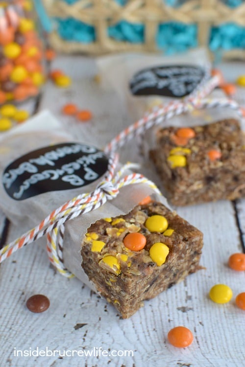 Peanut Butter cookies and cream granola bars in bags on a white background