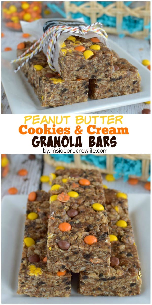 Two pictures of Peanut Butter Cookies and Cream Granola Bars collaged together with a white text box