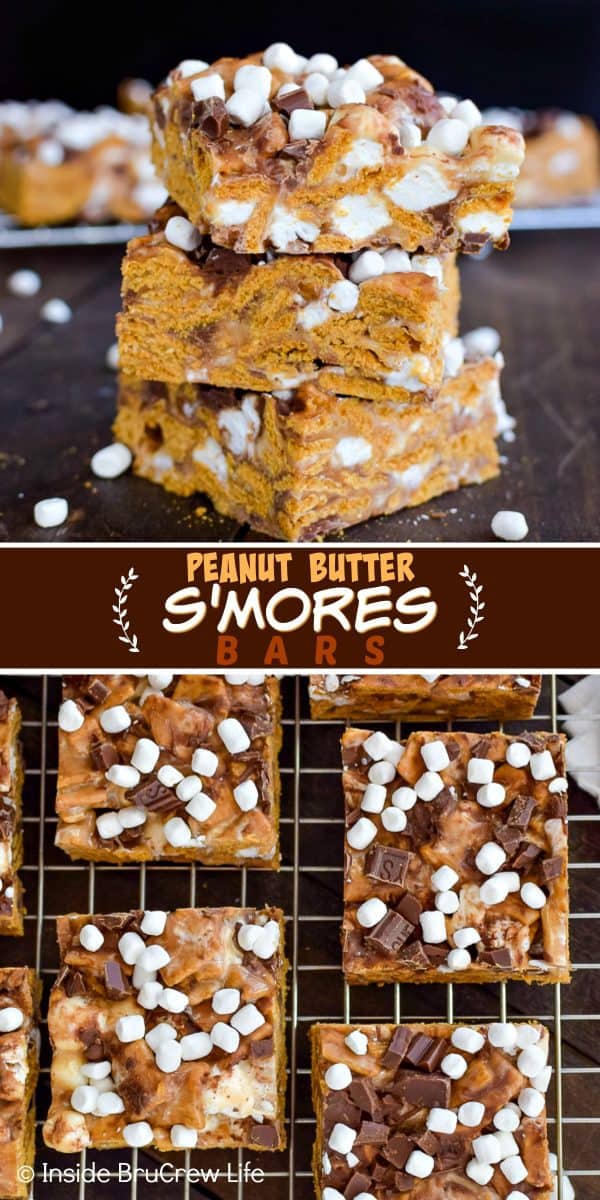 Peanut Butter S'mores Bars - these easy no bake treats are loaded with gooey marshmallow and chocolate. Great recipe to make for summer parties or picnics. #peanutbutter #smores #nobaketreats #goldengrahams