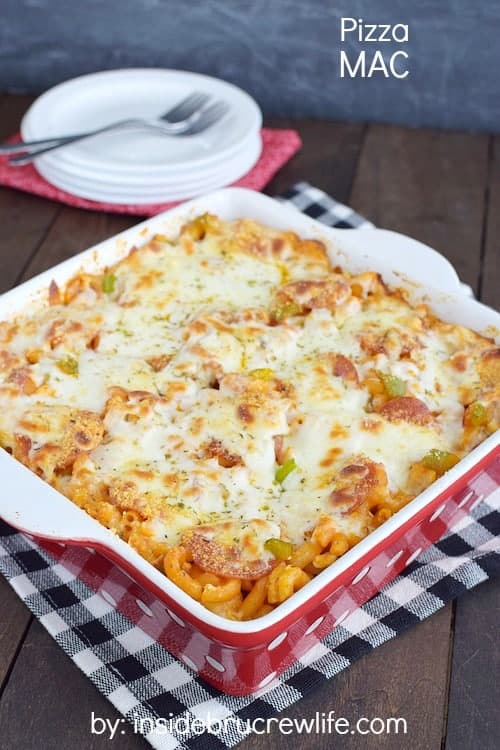 Your favorite pizza toppings added to macaroni and cheese is always a good idea!! This meal will disappear!