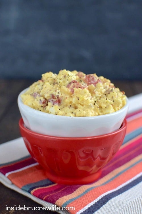 Adding red pepper and bacon to the classic egg salad is a fun way to use up those extra Easter eggs this spring.