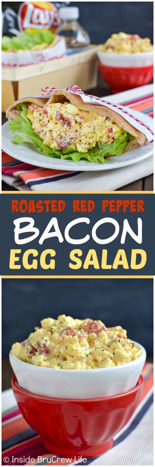 Two pictures of bacon egg salad with a gray text box.