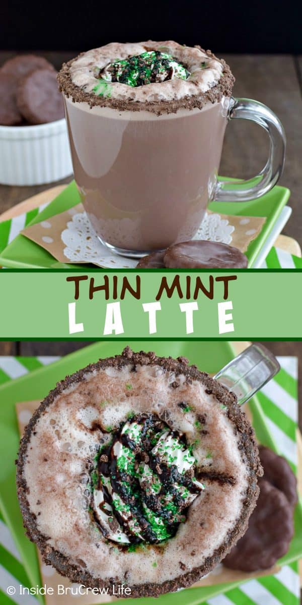 2 pictures of a latte covered in thin mint cookies, whipped cream, and green sugar collaged together with a green text box.