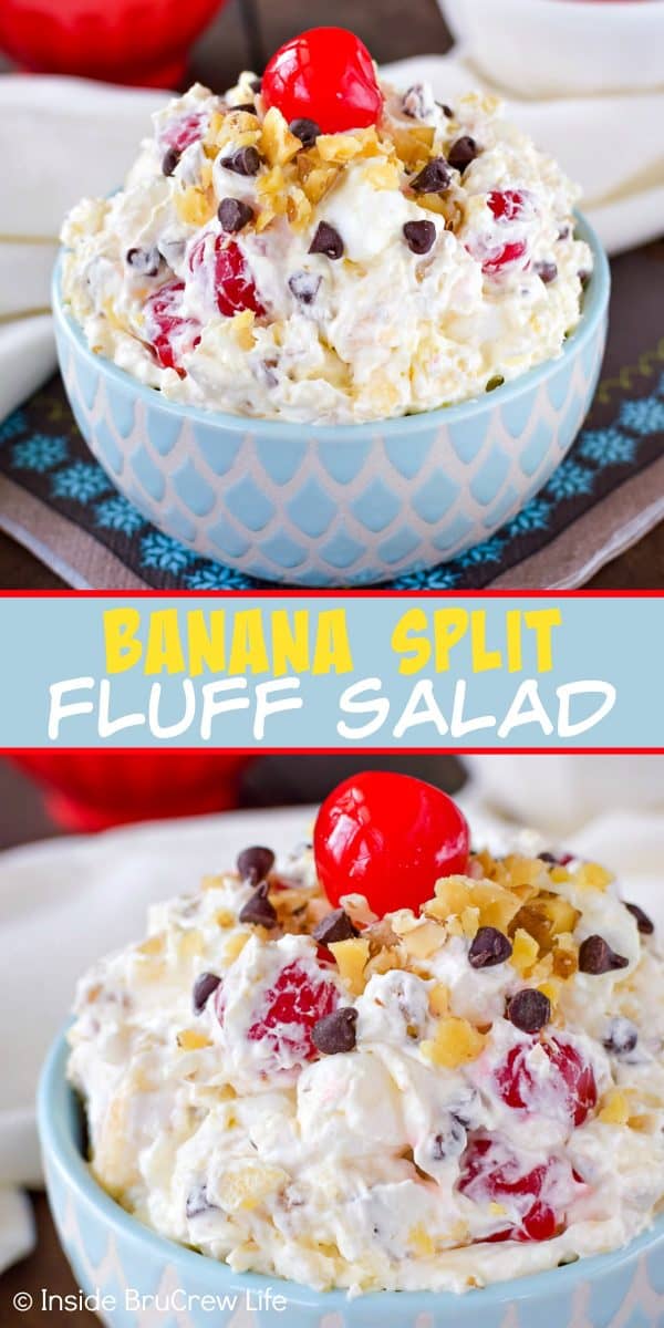 Two pictures of banana split fluff salad collaged together with a blue text box