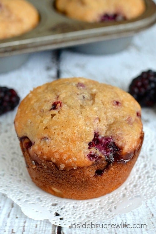 These light and fluffy blackberry muffins are a little bit healthier when made with yogurt. Great for breakfast on the go.