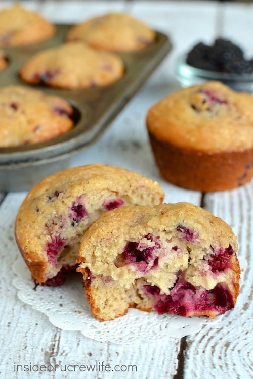 These light and fluffy blackberry muffins are a little bit healthier when made with yogurt. Great for breakfast on the go.