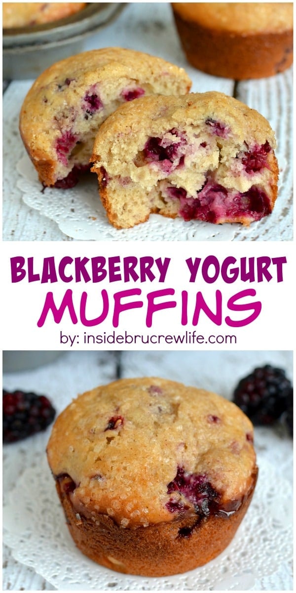 These light and fluffy blackberry muffins are a little bit healthier when made with yogurt. Great for breakfast on the go.