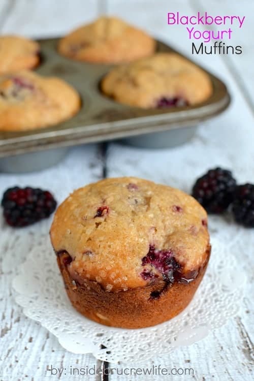 These light and fluffy blackberry muffins are a little bit healthier when made with yogurt. Great for breakfast on the go.