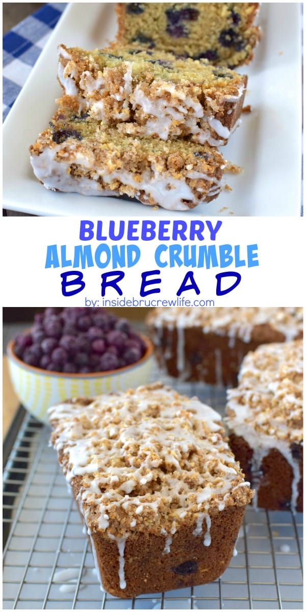 Blueberries, almonds, and crumble topping makes this sweet bread disappear in a hurry. Perfect for breakfast or an afternoon snack!