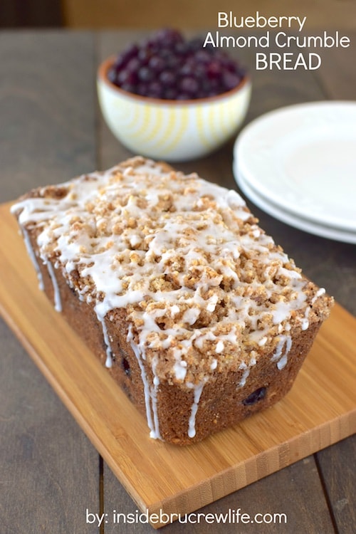 Blueberries, almonds, and crumble topping makes this sweet bread disappear in a hurry. Perfect for breakfast or an afternoon snack!