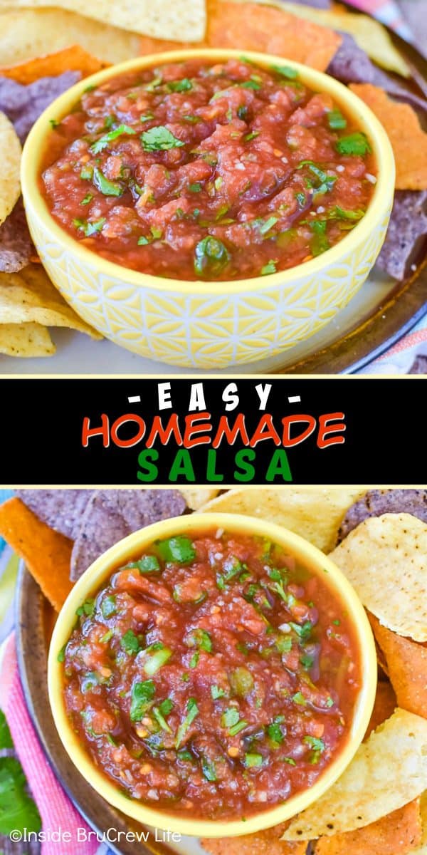 Two pictures of homemade salsa collaged together with a black text box