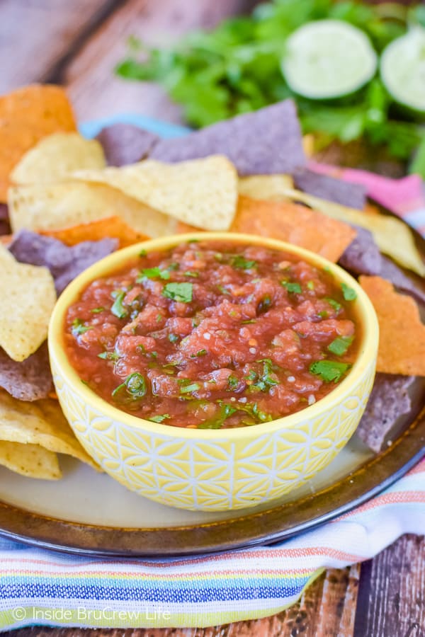 A plate of tortilla chips and a yellow bowl of homemade salsa.