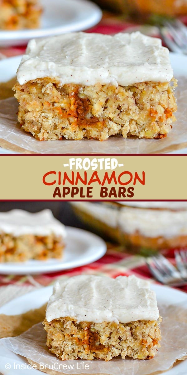 Frosted Cinnamon Apple Bars - these homemade oatmeal bars are full of fresh apples and cinnamon chips and topped with a creamy cinnamon frosting. Make this easy recipe for fall parties! #apple #oatmealbars #cinnamon #frosting #fall