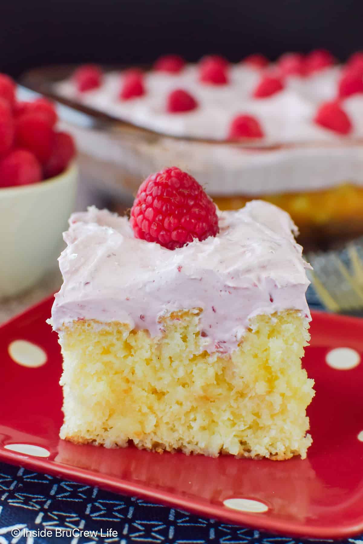 A slice of raspberry hazelnut cake on a red plate.