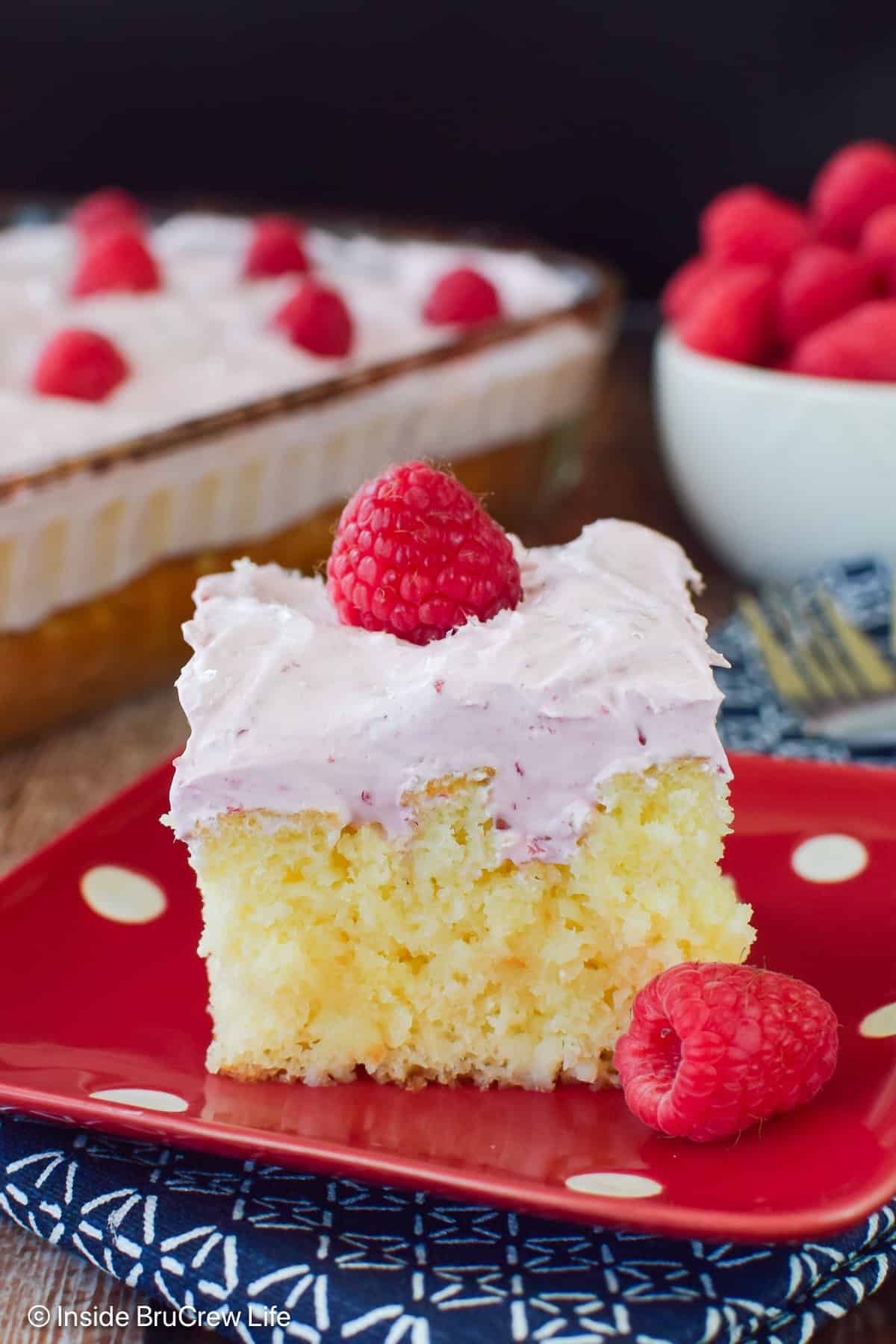 A slice of hazelnut raspberry cake on a red polkadot plate.