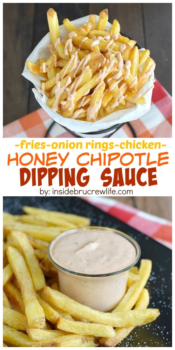 2 pictures of french fries with honey chipotle dipping sauce.