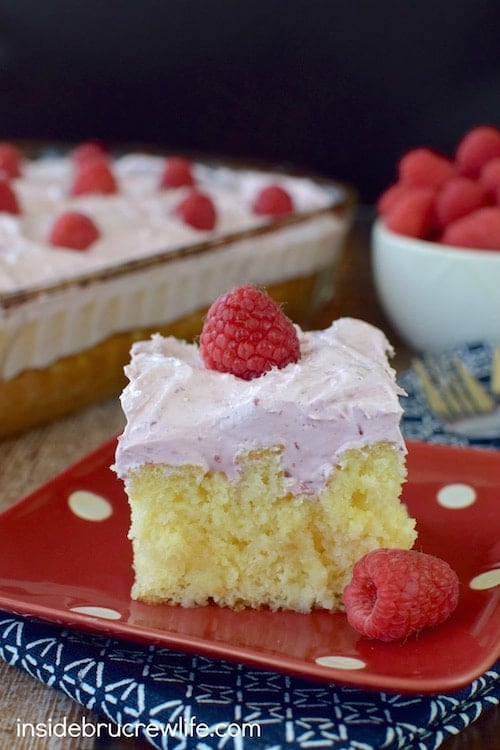 This vanilla hazelnut poke cake topped with a marshmallow raspberry topping is a cool and refreshing dessert. Perfect of those hot summer months!