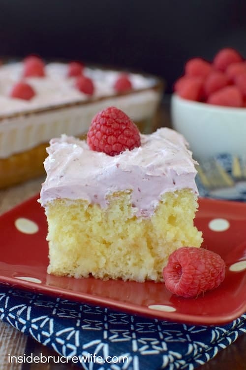 This vanilla hazelnut poke cake topped with a marshmallow raspberry topping is a cool and refreshing dessert. Perfect of those hot summer months!