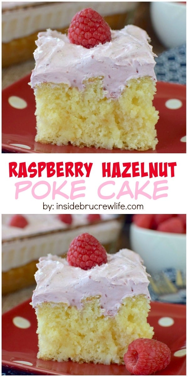 This vanilla hazelnut poke cake topped with a marshmallow raspberry topping is a cool and refreshing dessert. Perfect of those hot summer months!