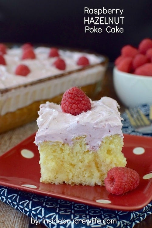 This vanilla hazelnut poke cake topped with a marshmallow raspberry topping is a cool and refreshing dessert. Perfect of those hot summer months!